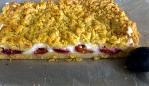 Pokrojone ciasto ze śliwkami Kawałki kruchego ciasta z bezą i śliwkami po wystudzeniu