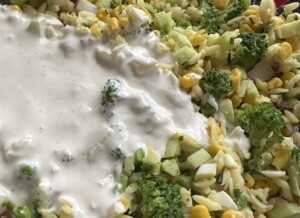 sałatka Orzo z brokułem po dodaniu sosu